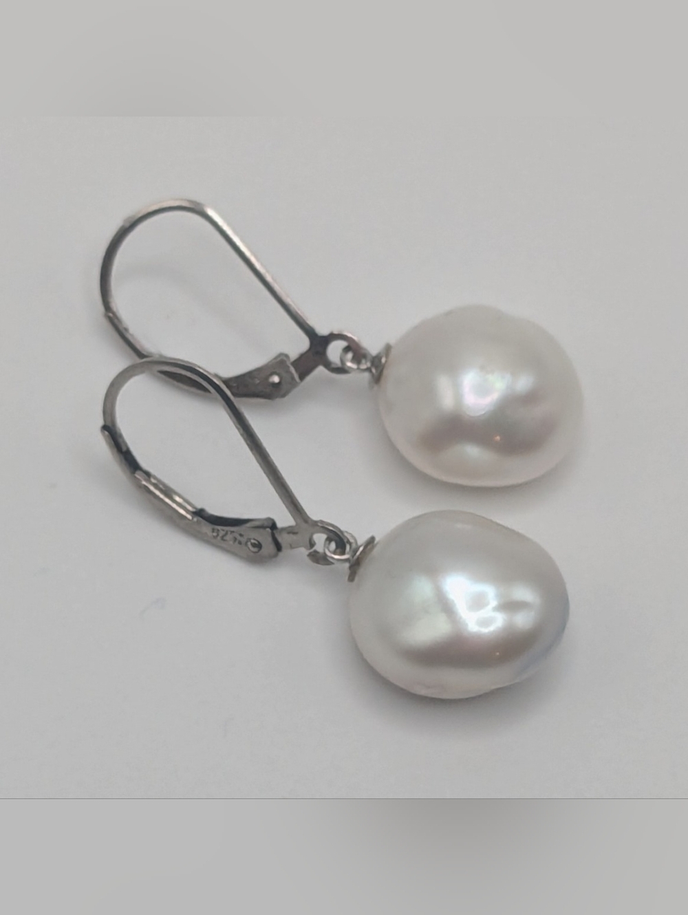 Baroque White Cultured Freshwater Pearl Earrings. 925, Lever Closure, NWOT